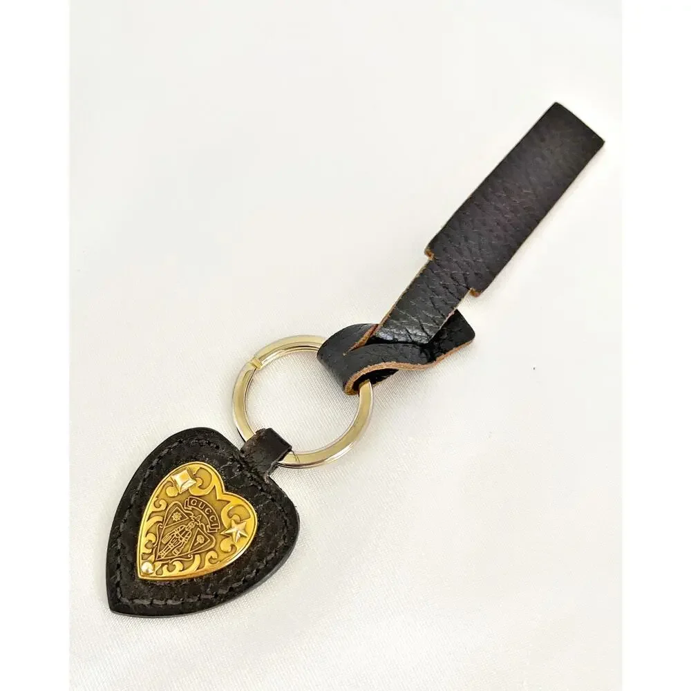 GUCCI Crest Emblem Key Chain Key Ring Brown Heart Shape Leather Rectangle